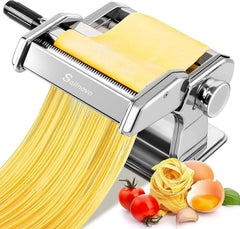 Sailnovo 3 in 1 Pasta Maker Machine - 9 Adjustable Thickness Settings Aluminum Alloy Pasta Roller & 2 Width Cutters for Fresh Spaghetti, Fettuccini, Lasagna, Dumplings - Stainless Steel, Silver