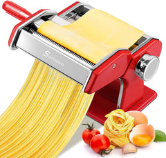 Sailnovo 3 in 1 Pasta Maker Machine - 9 Adjustable Thickness Settings Pasta Roller & 2 Width Cutters for Fresh Spaghetti, Fettuccini, Lasagna, Dumplings - Food-Grade Material, Red